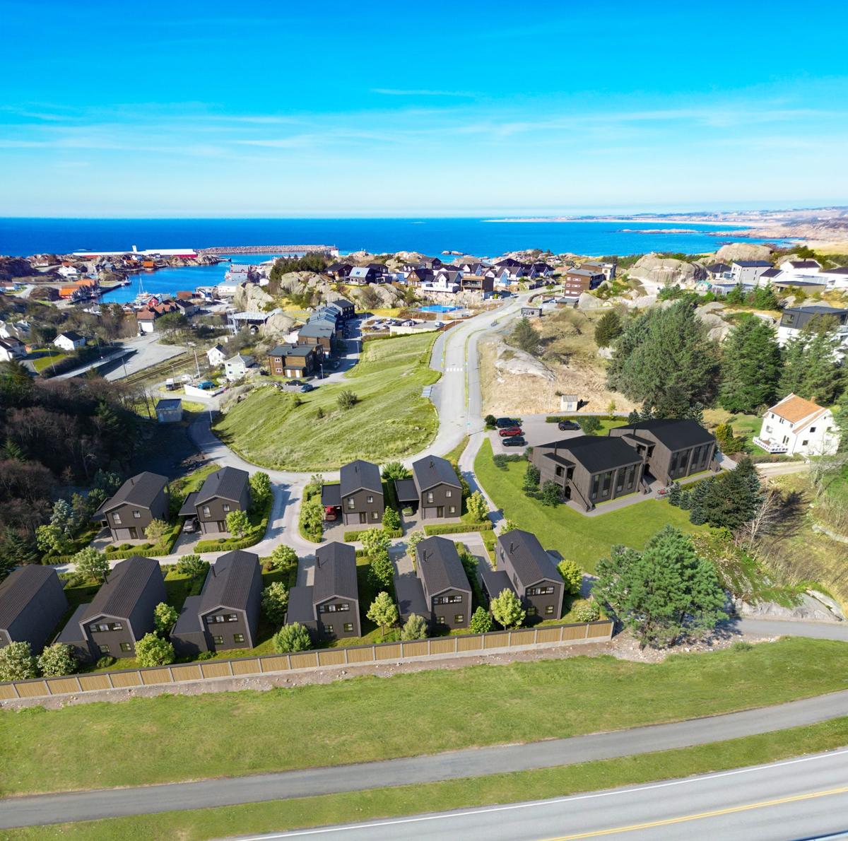 3D-illustrasjon av Skoran i Sirevåg sett fra luften, med eneboligene i feltet og leilighetsbygget til høyre, og Sirevåg havn og havet bak